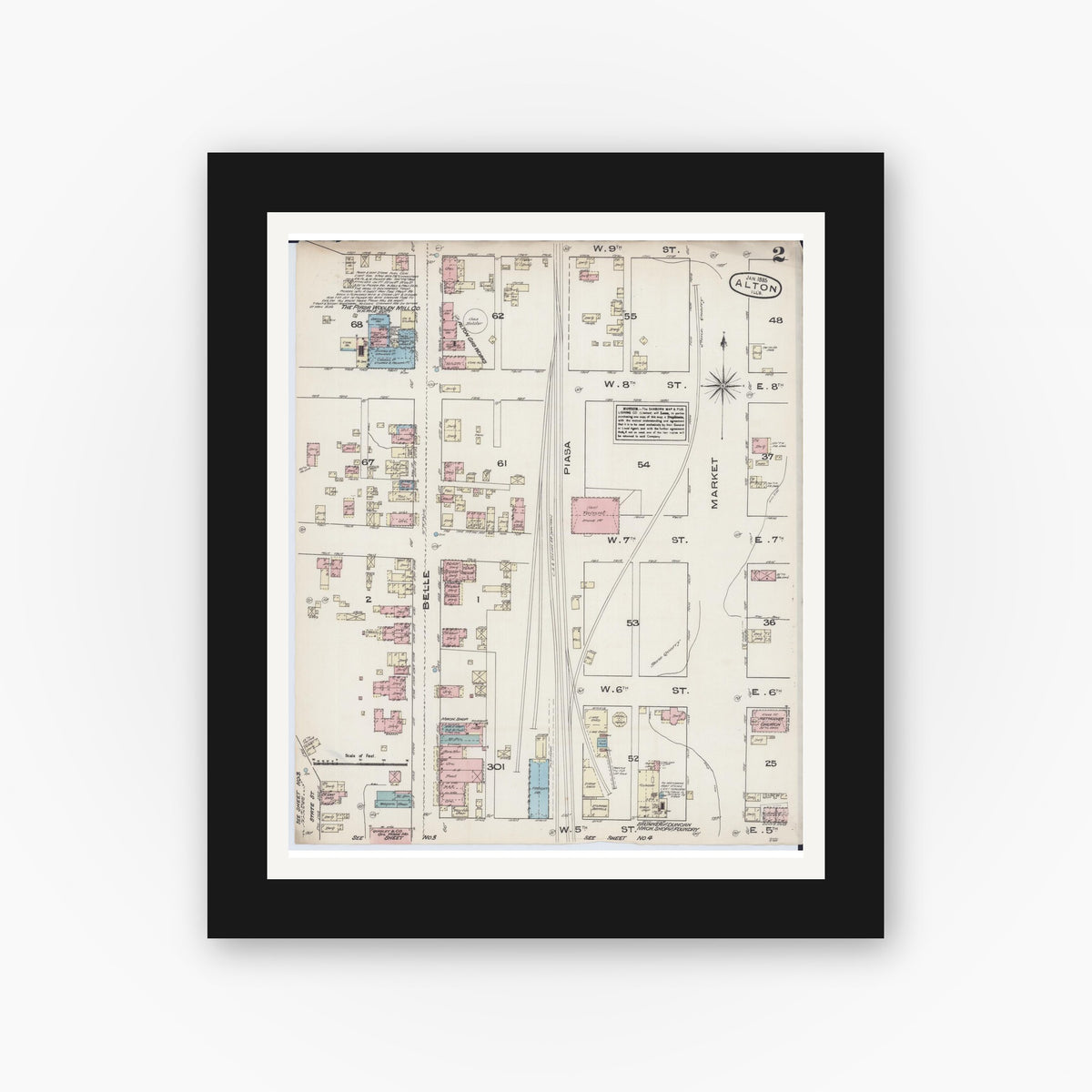 Old map wall art mockup — black gallery frame with white mat — Sanborn Fire Insurance Map from Alton, Madison County, Illinois (1885), Sheet #0002