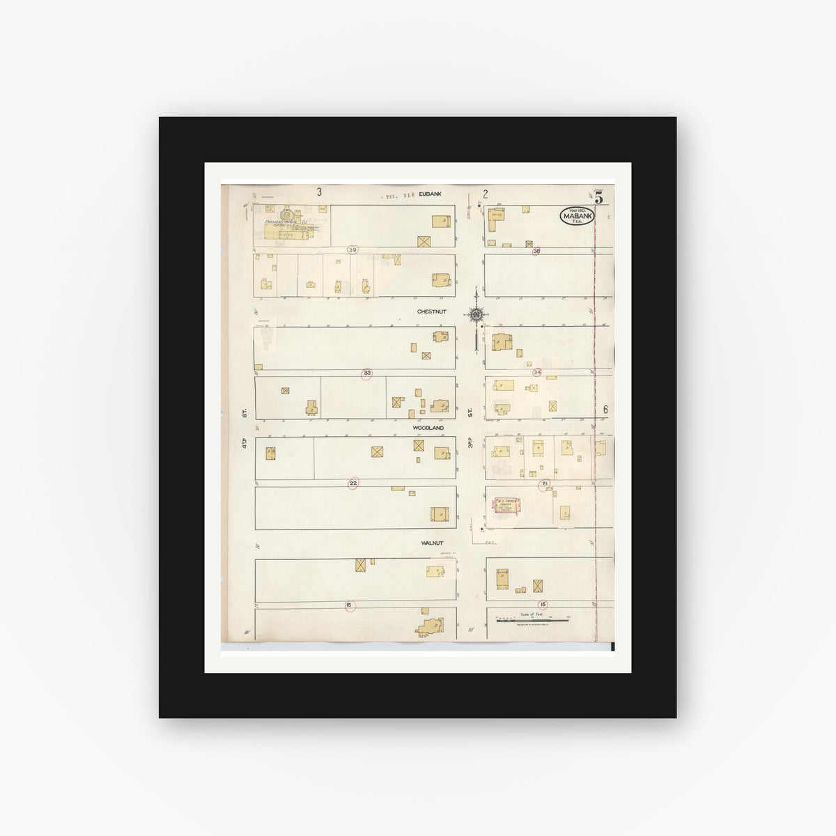 Old map wall art mockup — black gallery frame with white mat — Sanborn Fire Insurance Map from Mabank, Kaufman County, Texas (1934), Sheet #0005