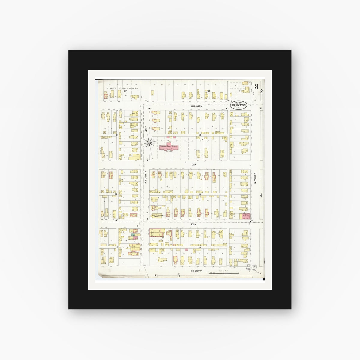 Old map wall art mockup — black gallery frame with white mat — Sanborn Fire Insurance Map from Clinton, Clinton County, Iowa (1897), Sheet #0003