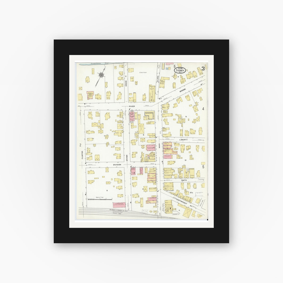 Old map wall art mockup — black gallery frame with white mat — Sanborn Fire Insurance Map from Sidney, Delaware County, New York (1910), Sheet #0003