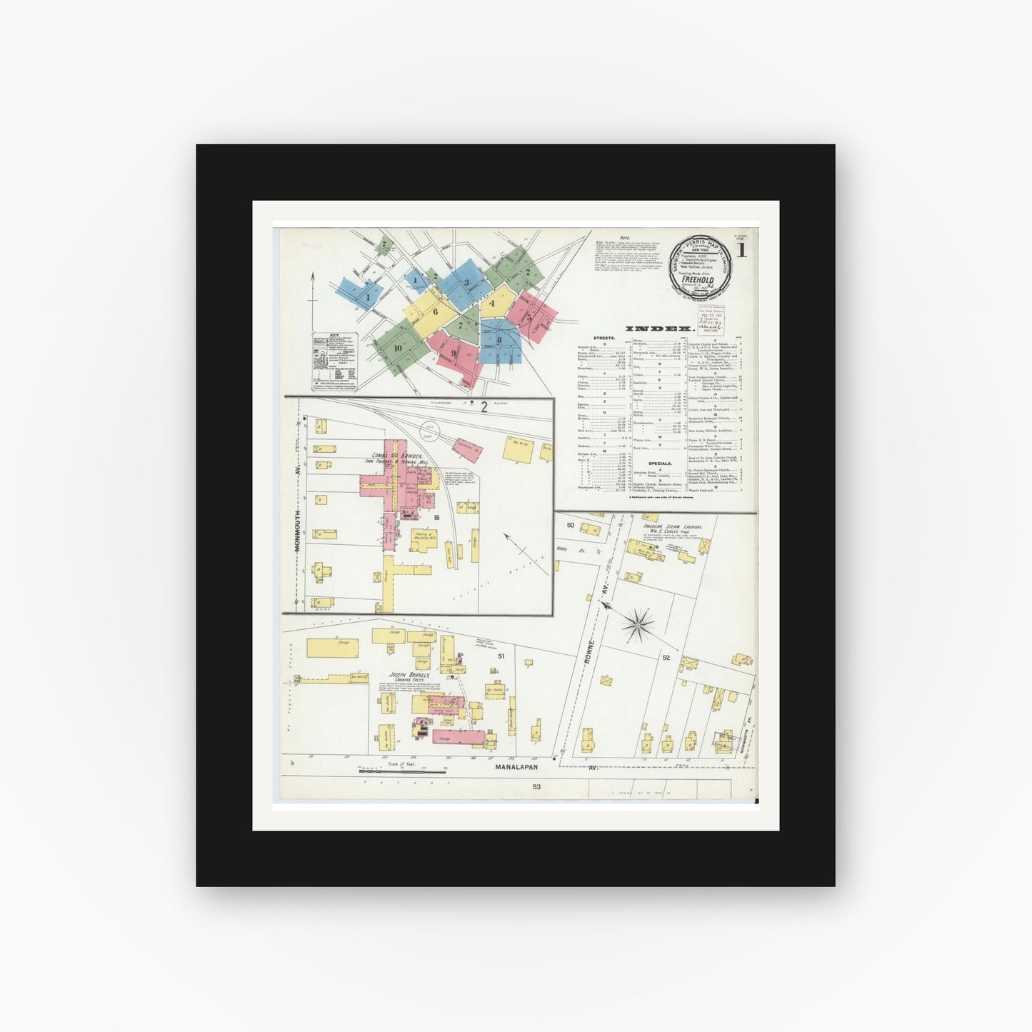 Old map wall art mockup — black gallery frame with white mat — Sanborn Fire Insurance Map from Freehold, Monmouth County, New Jersey (1901) - Complete Map Set