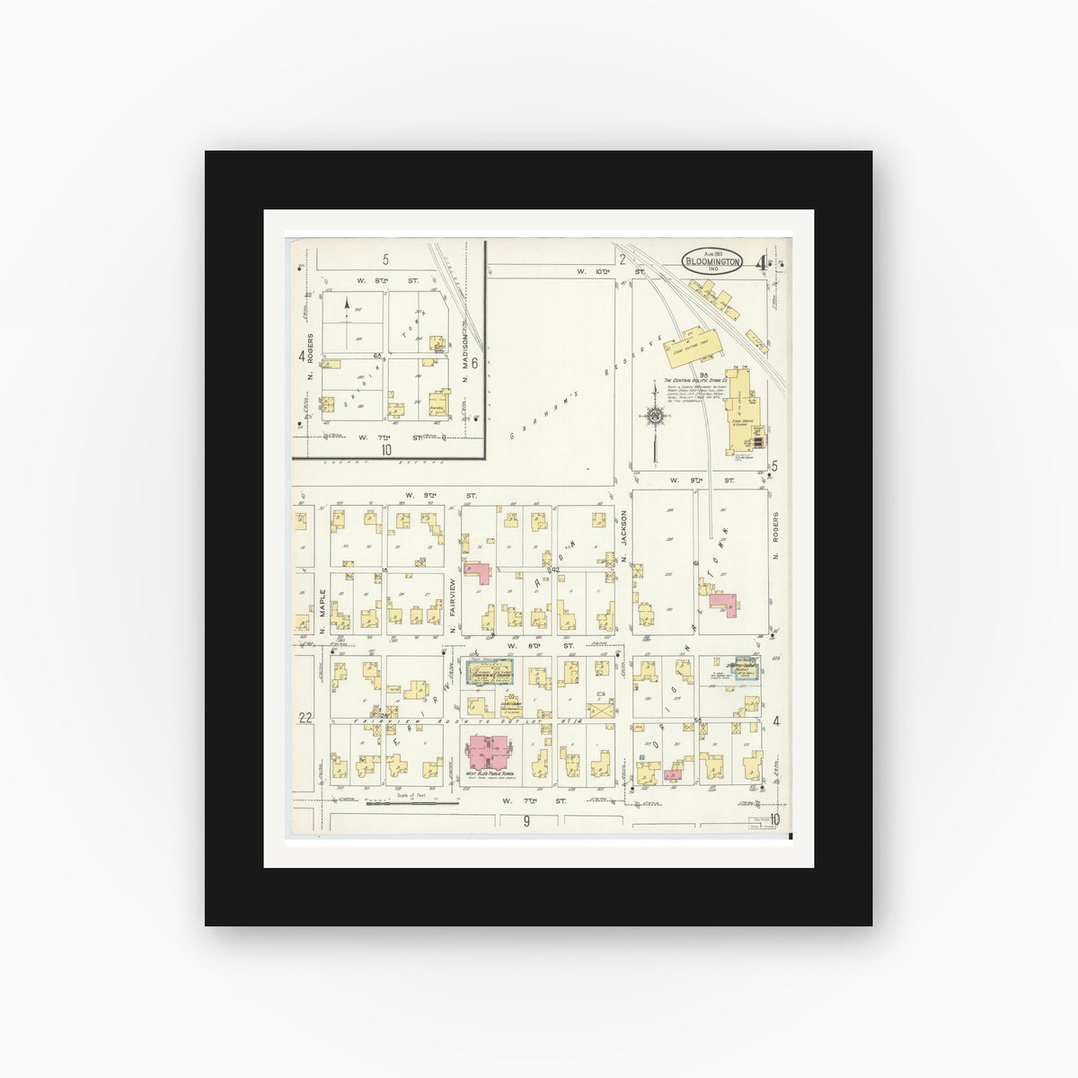 Old map wall art mockup — black gallery frame with white mat — Sanborn Fire Insurance Map from Bloomington, Monroe County, Indiana (1913), Sheet #0004