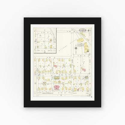 Old map wall art mockup — black gallery frame with white mat — Sanborn Fire Insurance Map from Bloomington, Monroe County, Indiana (1913), Sheet #0004