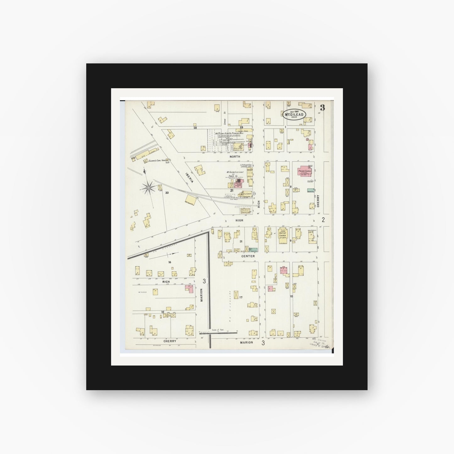 Old map wall art mockup — black gallery frame with white mat — Sanborn Fire Insurance Map from Mount Gilead, Morrow County, Ohio (1897), Sheet #0003