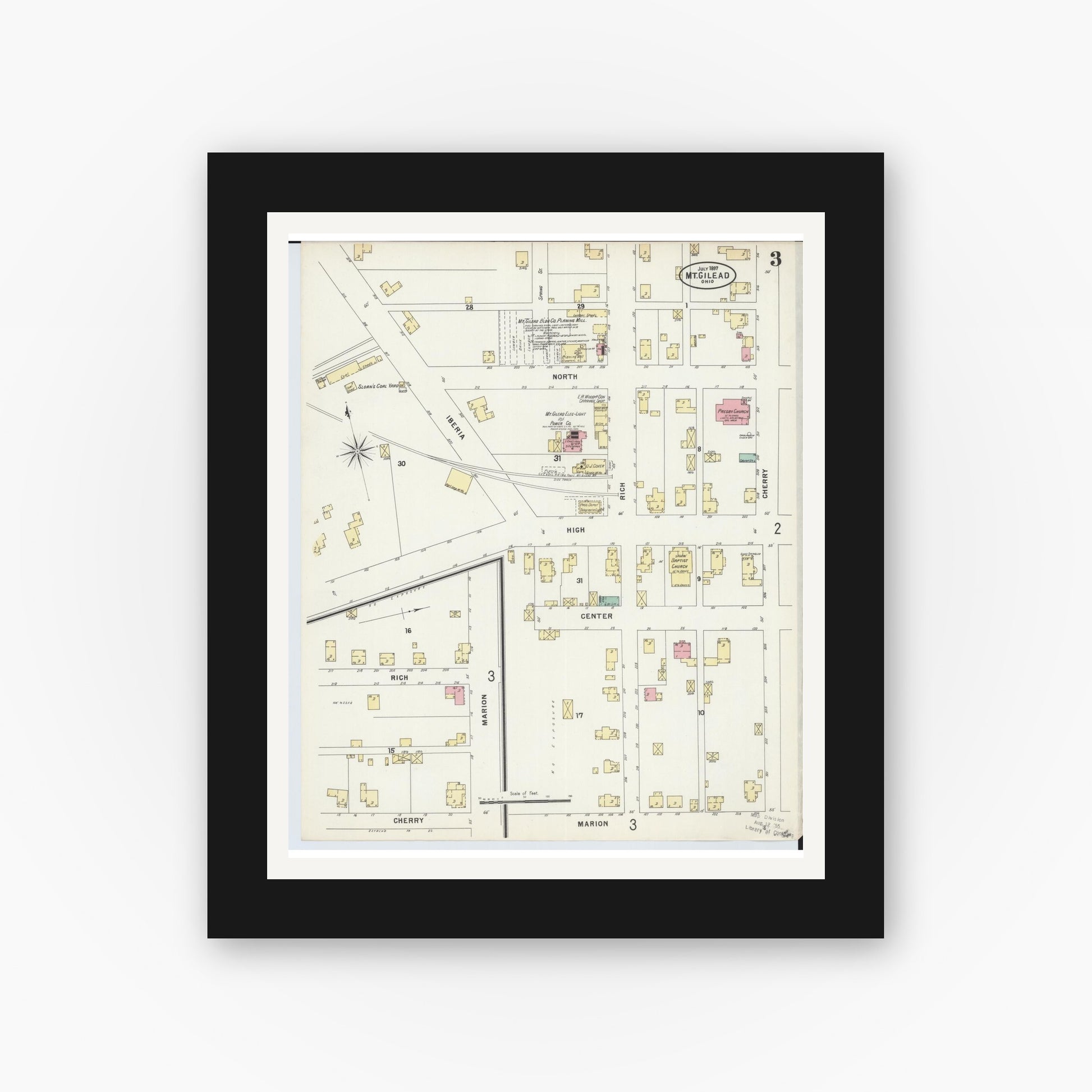 Old map wall art mockup — black gallery frame with white mat — Sanborn Fire Insurance Map from Mount Gilead, Morrow County, Ohio (1897), Sheet #0003