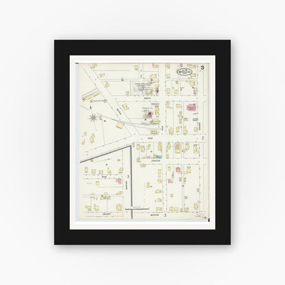Old map wall art mockup — black gallery frame with white mat — Sanborn Fire Insurance Map from Mount Gilead, Morrow County, Ohio (1897), Sheet #0003