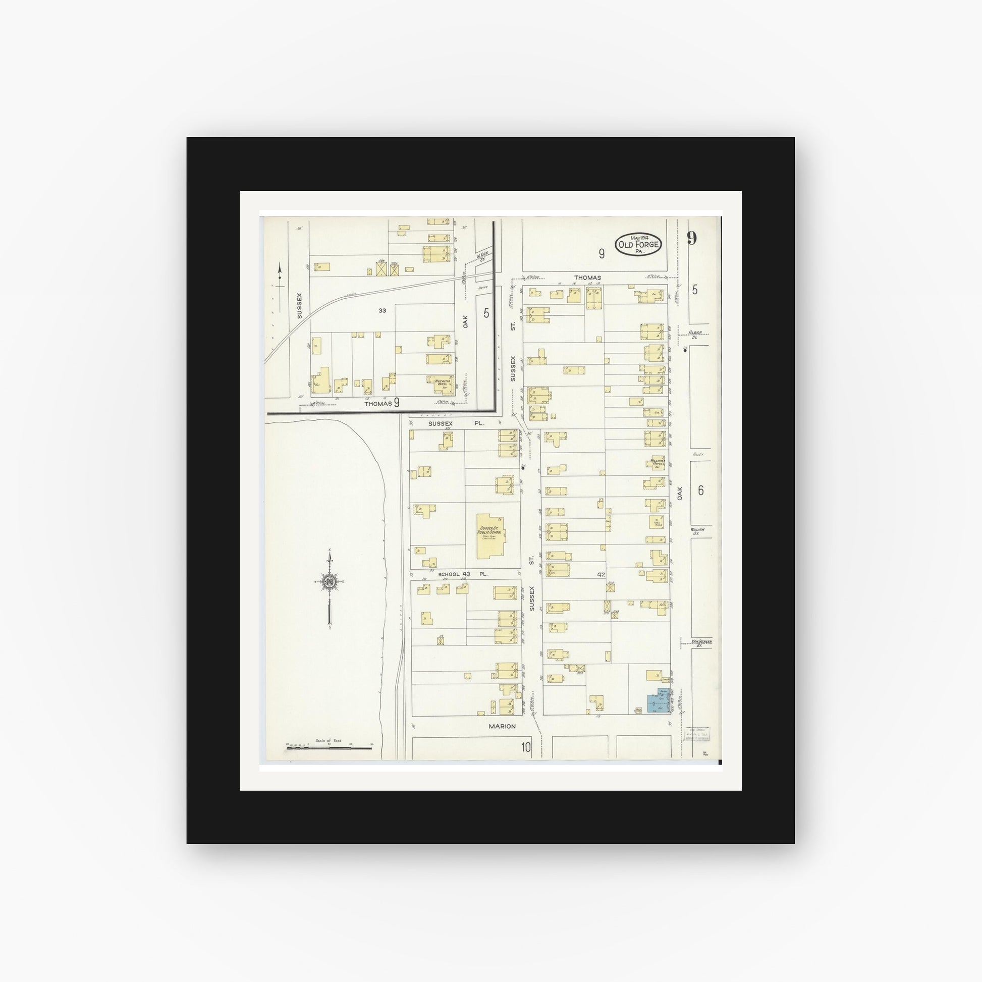 Old map wall art mockup — black gallery frame with white mat — Sanborn Fire Insurance Map from Old Forge, Lackawanna County, Pennsylvania (1914), Sheet #0009