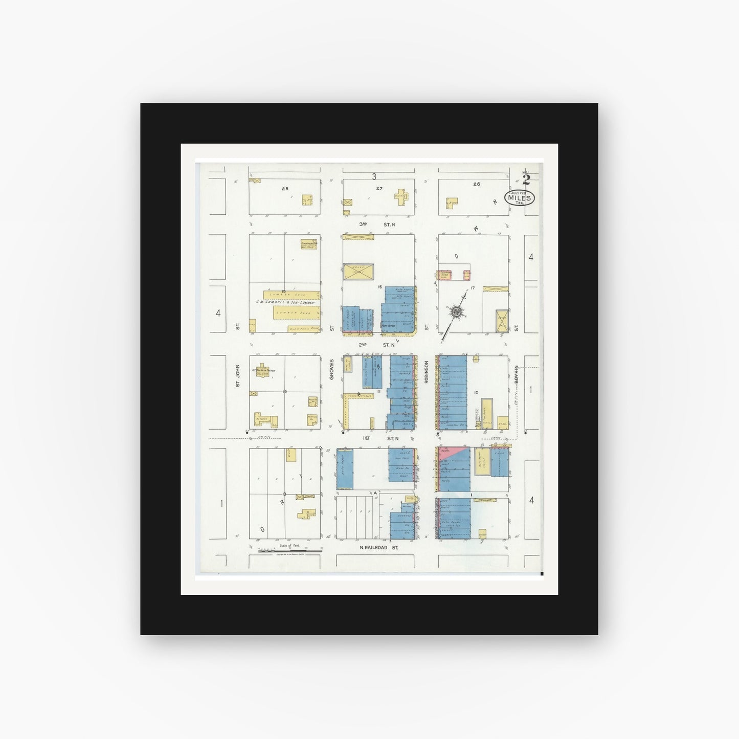 Old map wall art mockup — black gallery frame with white mat — Sanborn Fire Insurance Map from Miles, Runnels County, Texas (1921), Sheet #0002