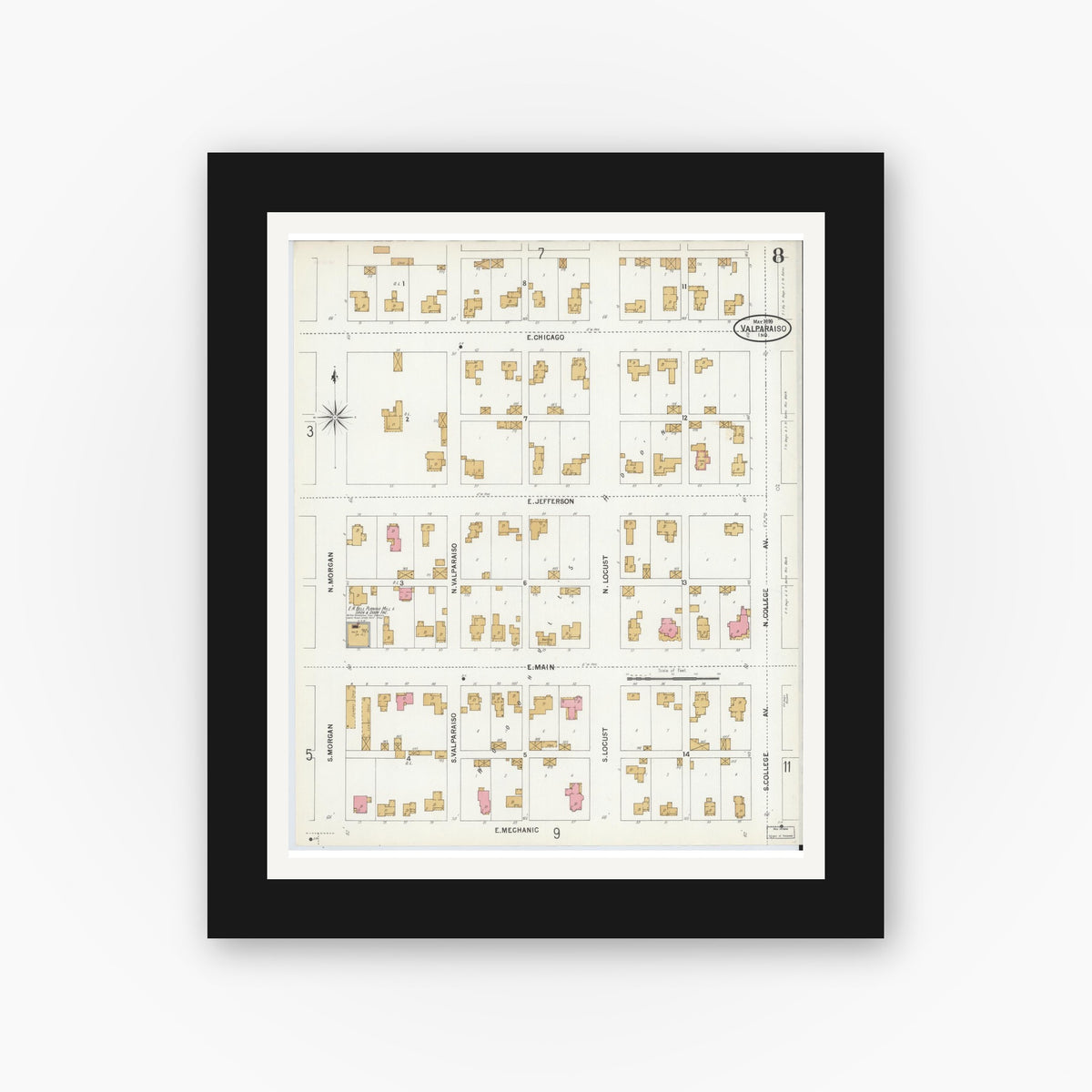 Old map wall art mockup — black gallery frame with white mat — Sanborn Fire Insurance Map from Valparaiso, Porter County, Indiana (1899), Sheet #0008