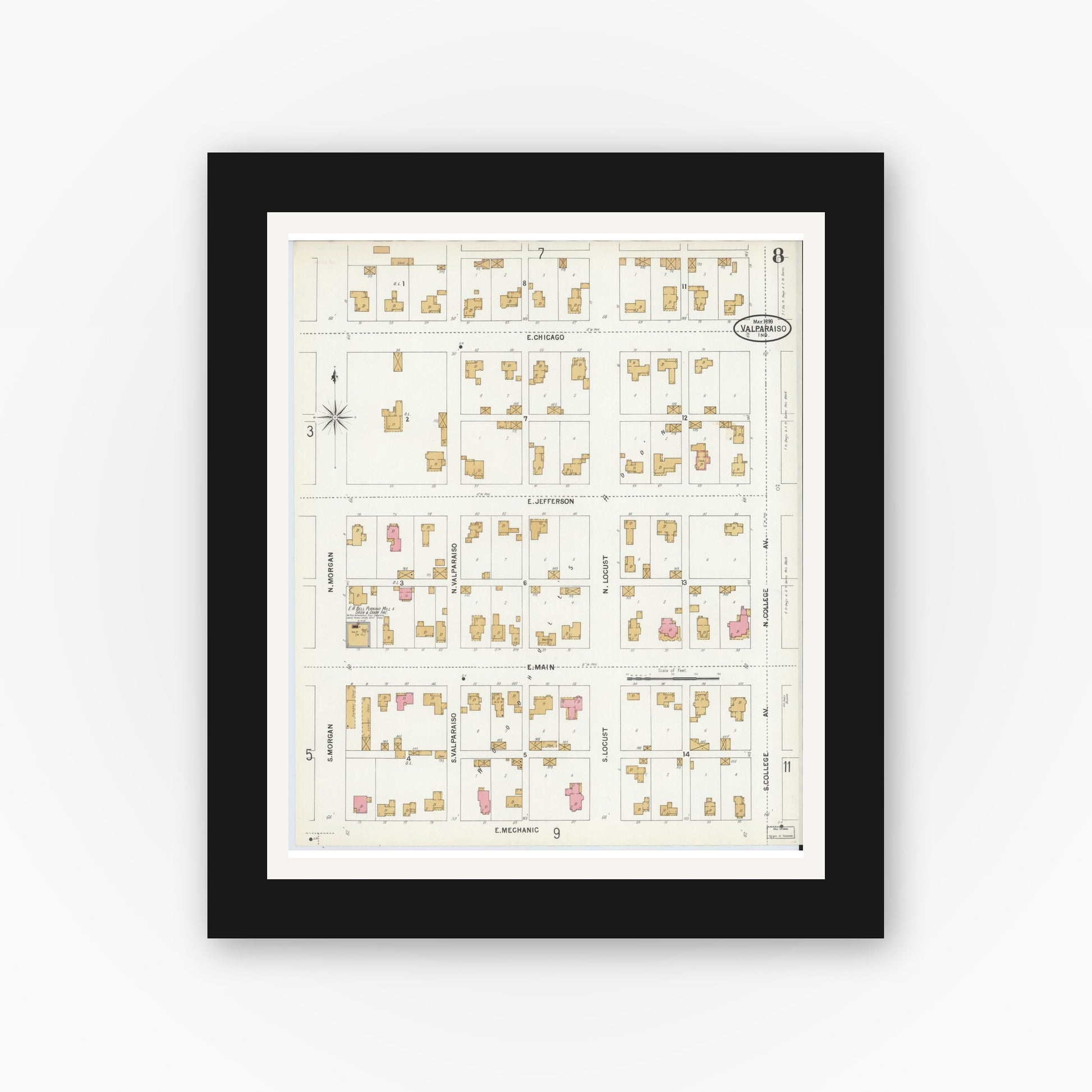 Old map wall art mockup — black gallery frame with white mat — Sanborn Fire Insurance Map from Valparaiso, Porter County, Indiana (1899), Sheet #0008
