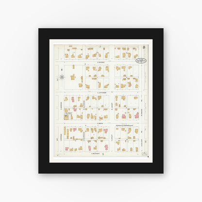 Old map wall art mockup — black gallery frame with white mat — Sanborn Fire Insurance Map from Valparaiso, Porter County, Indiana (1899), Sheet #0008