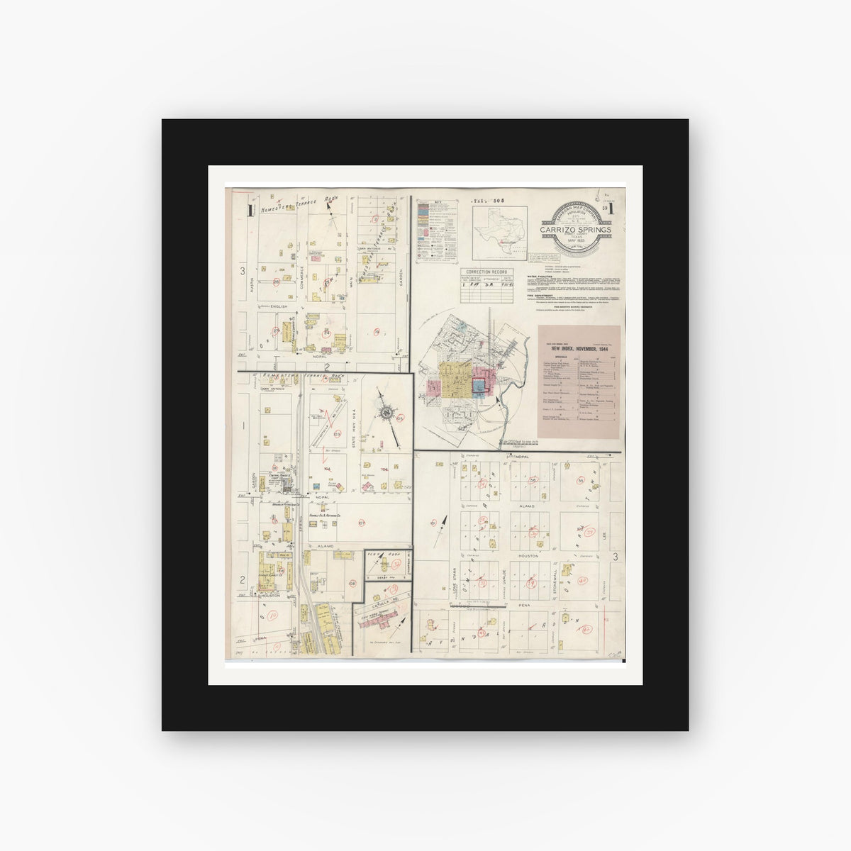 Old map wall art mockup — black gallery frame with white mat — Sanborn Fire Insurance Map from Carrizo Springs, Dimmit County, Texas (1944) - Complete Map Set