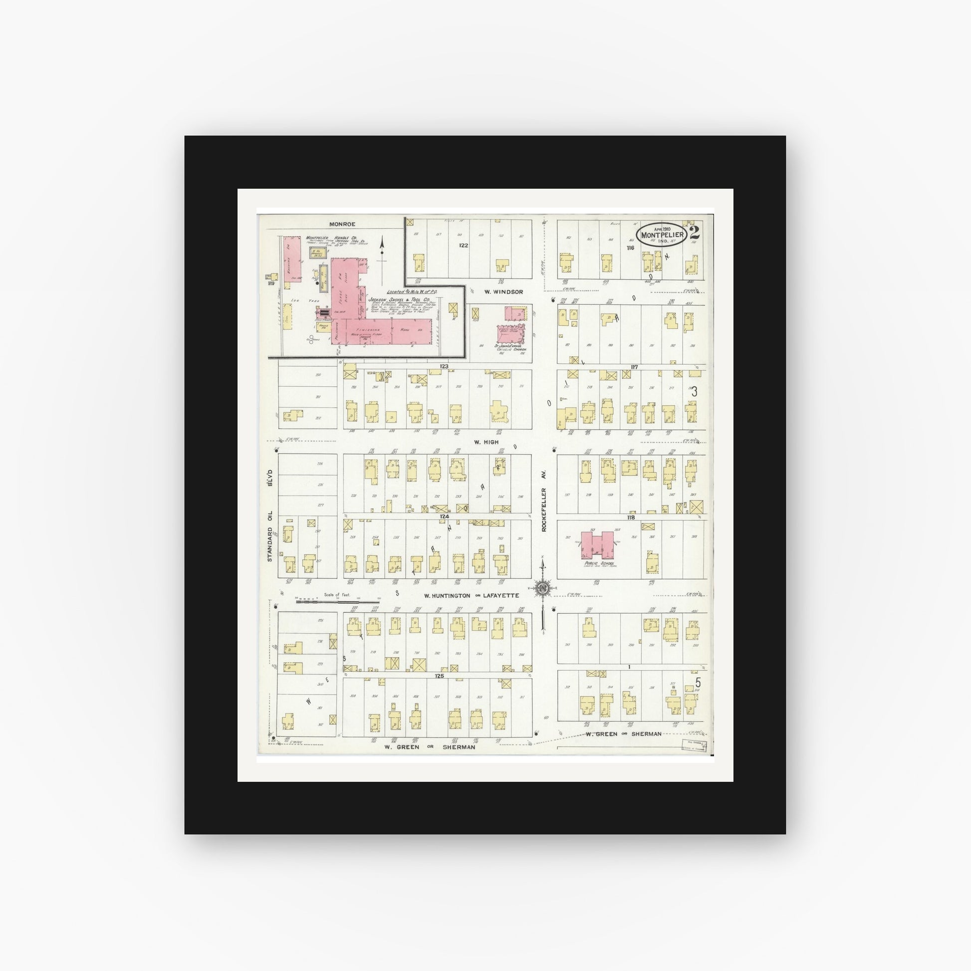 Old map wall art mockup — black gallery frame with white mat — Sanborn Fire Insurance Map from Montpelier, Blackford County, Indiana (1910), Sheet #0002
