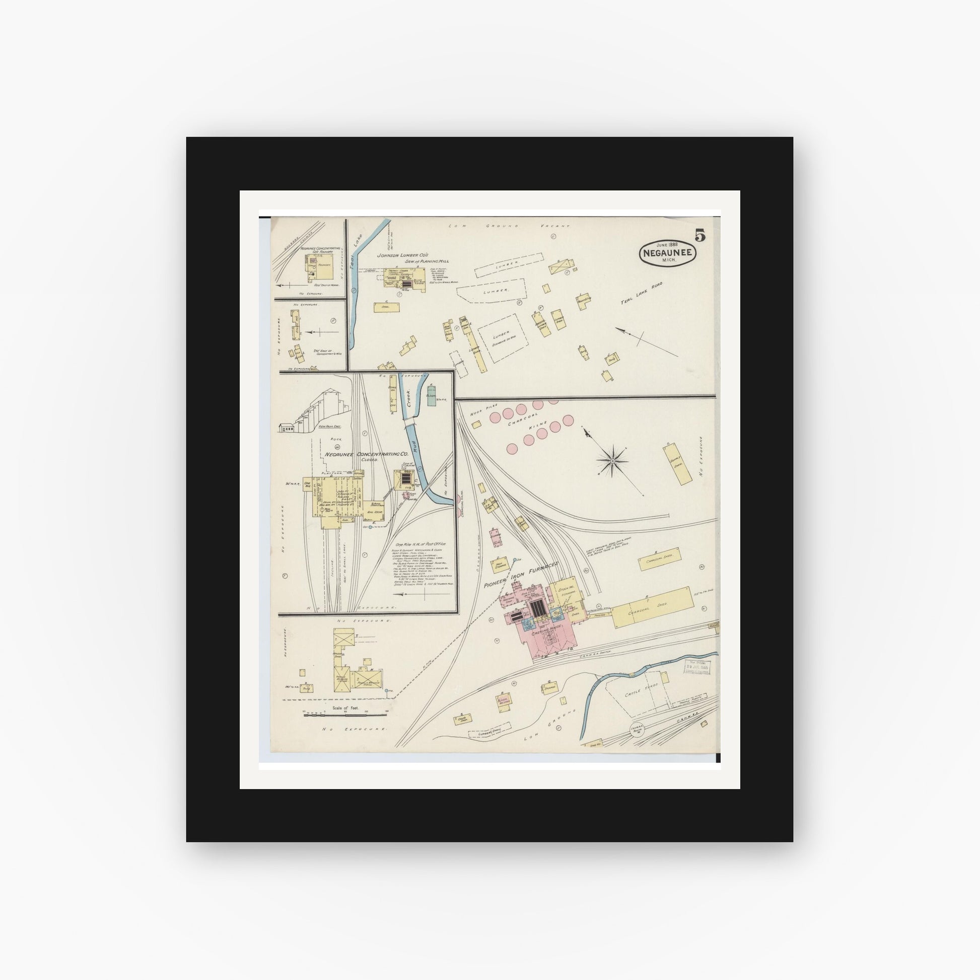 Old map wall art mockup — black gallery frame with white mat — Sanborn Fire Insurance Map from Negaunee, Marquette County, Michigan (1888), Sheet #0005