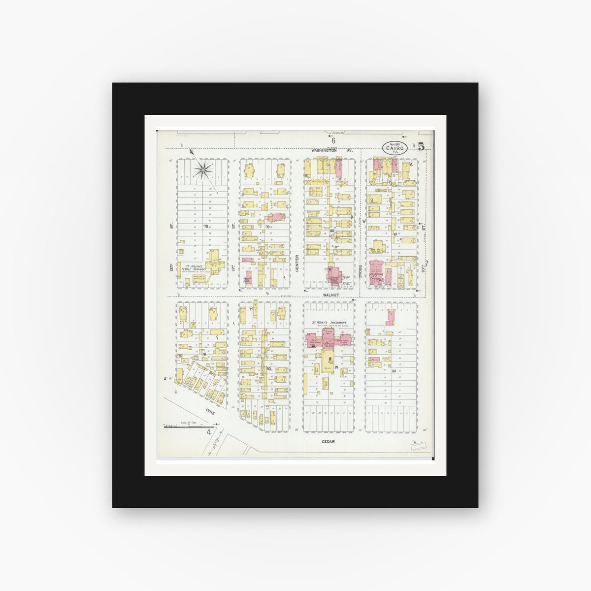 Old map wall art mockup — black gallery frame with white mat — Sanborn Fire Insurance Map from Cairo, Alexander County, Illinois (1901), Sheet #0005