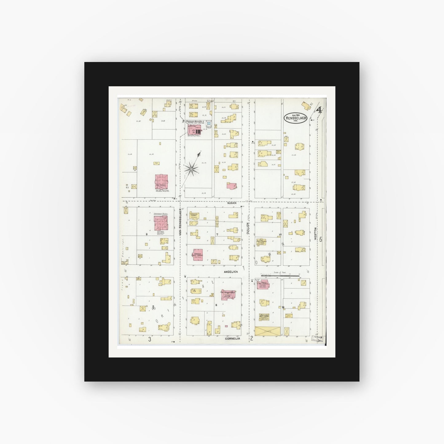 Old map wall art mockup — black gallery frame with white mat — Sanborn Fire Insurance Map from Rensselaer, Jasper County, Indiana (1904), Sheet #0004