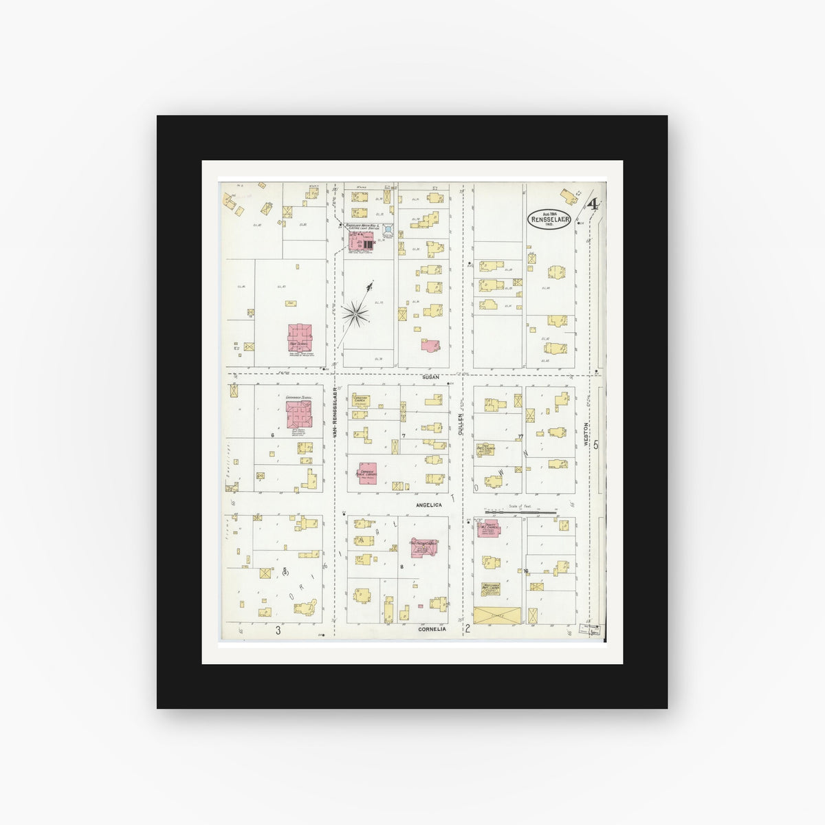 Old map wall art mockup — black gallery frame with white mat — Sanborn Fire Insurance Map from Rensselaer, Jasper County, Indiana (1904), Sheet #0004