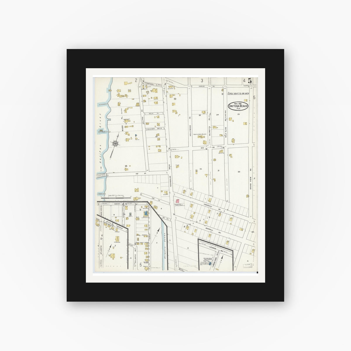 Old map wall art mockup — black gallery frame with white mat — Sanborn Fire Insurance Map from Daytona Beach, Volusia County, Florida (1916), Sheet #0005