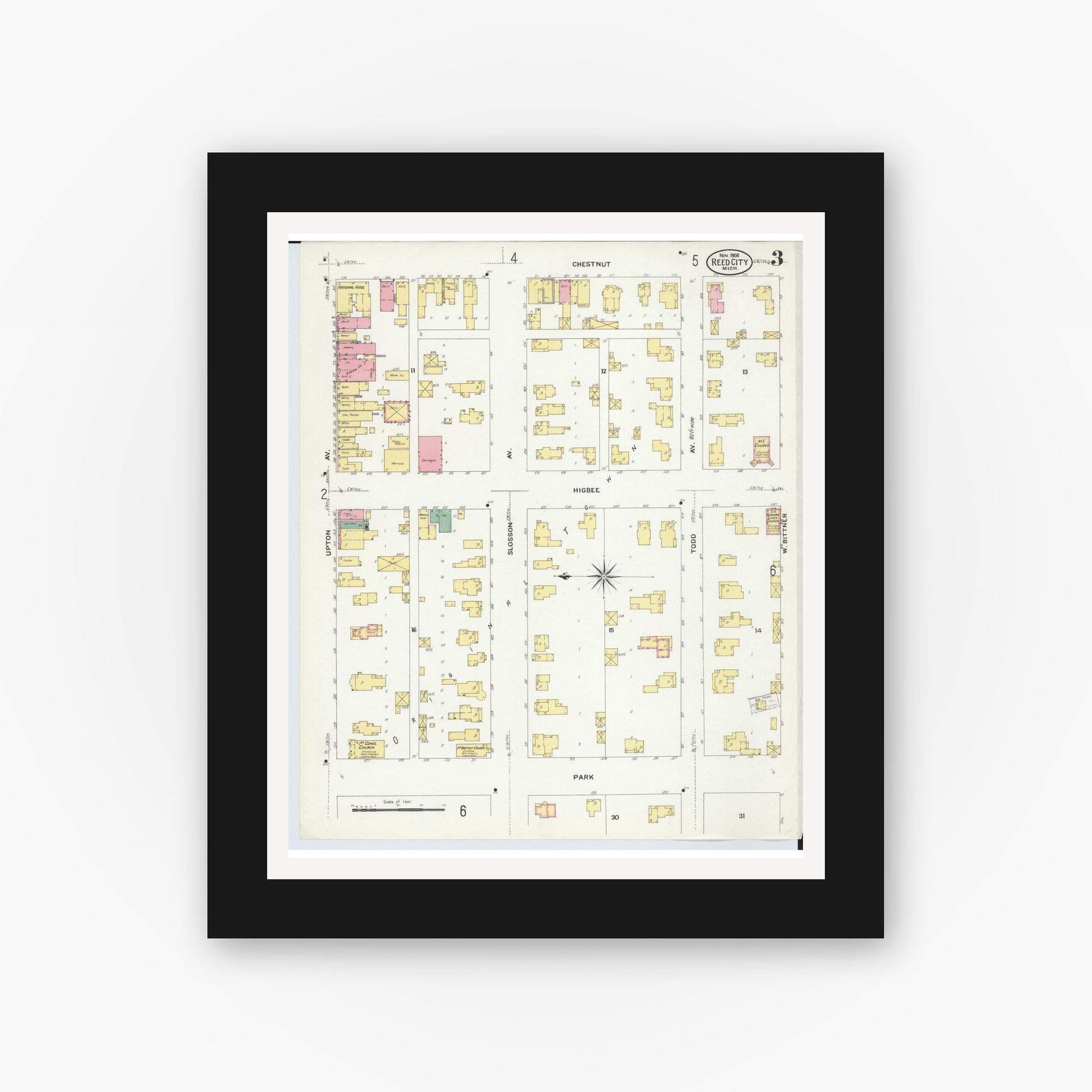 Old map wall art mockup — black gallery frame with white mat — Sanborn Fire Insurance Map from Reed City, Osceola County, Michigan (1908), Sheet #0003