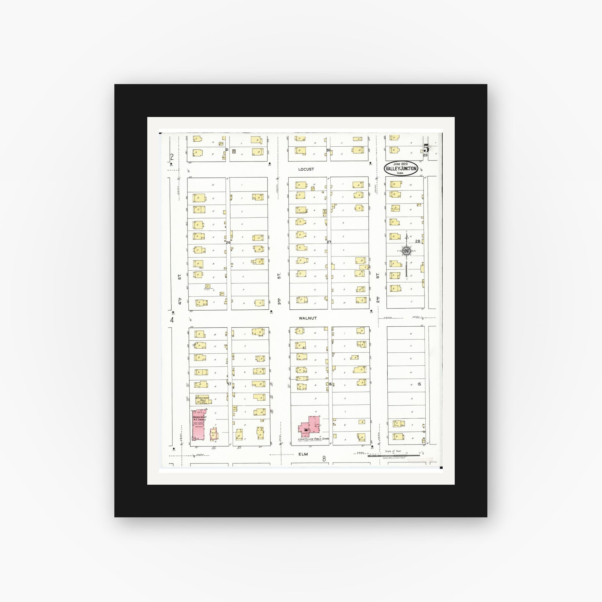 Old map wall art mockup — black gallery frame with white mat — Sanborn Fire Insurance Map from Valley Junction, Polk County, Iowa (1920), Sheet #0005