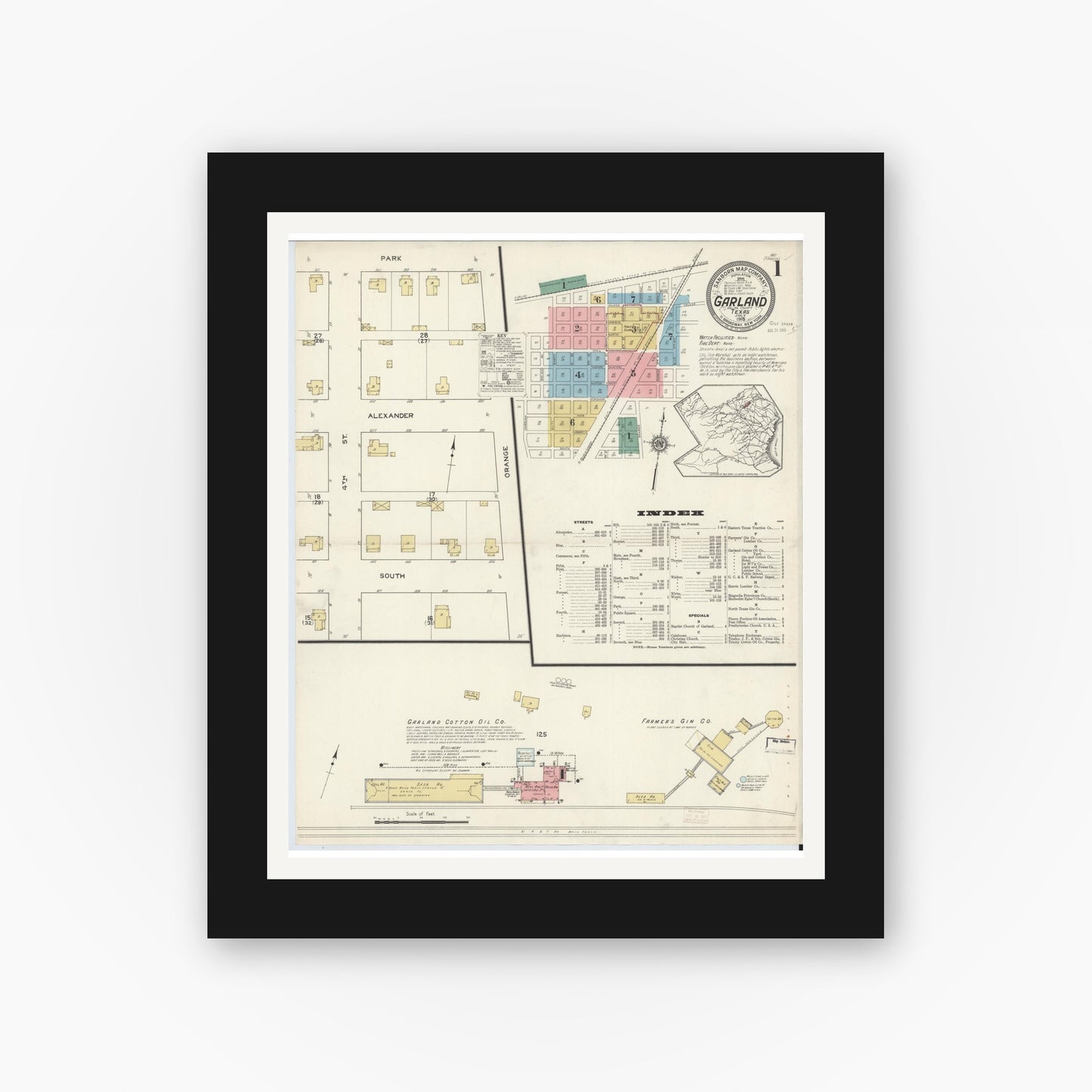 Old map wall art mockup — black gallery frame with white mat — Sanborn Fire Insurance Map from Garland, Dallas County, Texas (1915) - Complete Map Set
