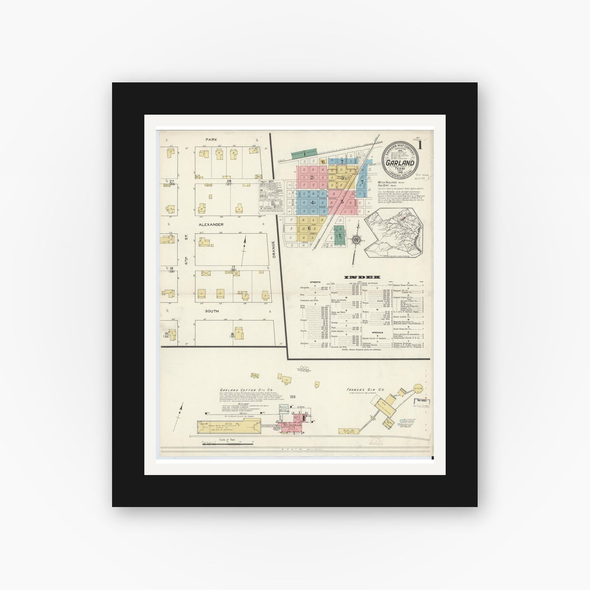 Old map wall art mockup — black gallery frame with white mat — Sanborn Fire Insurance Map from Garland, Dallas County, Texas (1915) - Complete Map Set