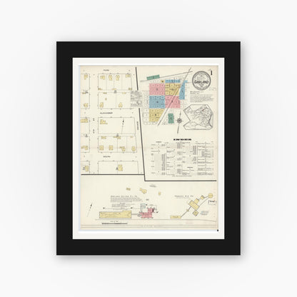 Old map wall art mockup — black gallery frame with white mat — Sanborn Fire Insurance Map from Garland, Dallas County, Texas (1915) - Complete Map Set