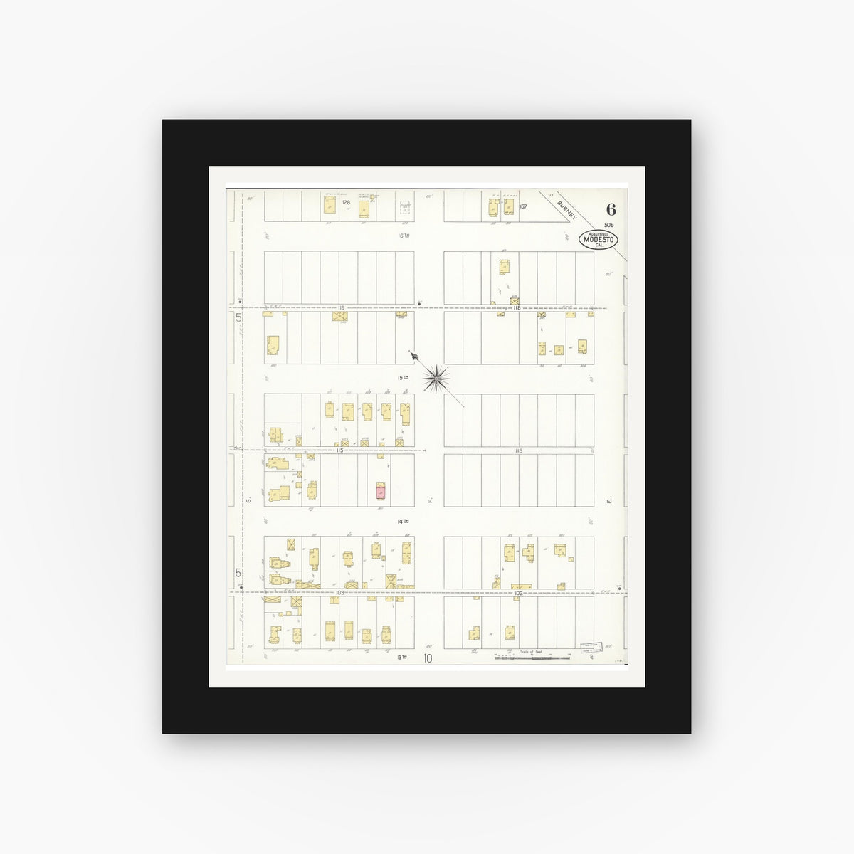 Old map wall art mockup — black gallery frame with white mat — Sanborn Fire Insurance Map from Modesto, Stanislaus County, California (1907), Sheet #0006