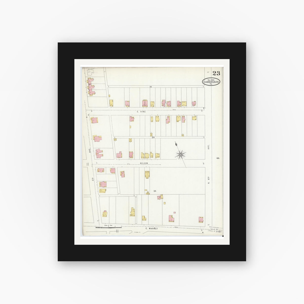 Old map wall art mockup — black gallery frame with white mat — Sanborn Fire Insurance Map from Chambersburg, Franklin County, Pennsylvania (1904), Sheet #0023
