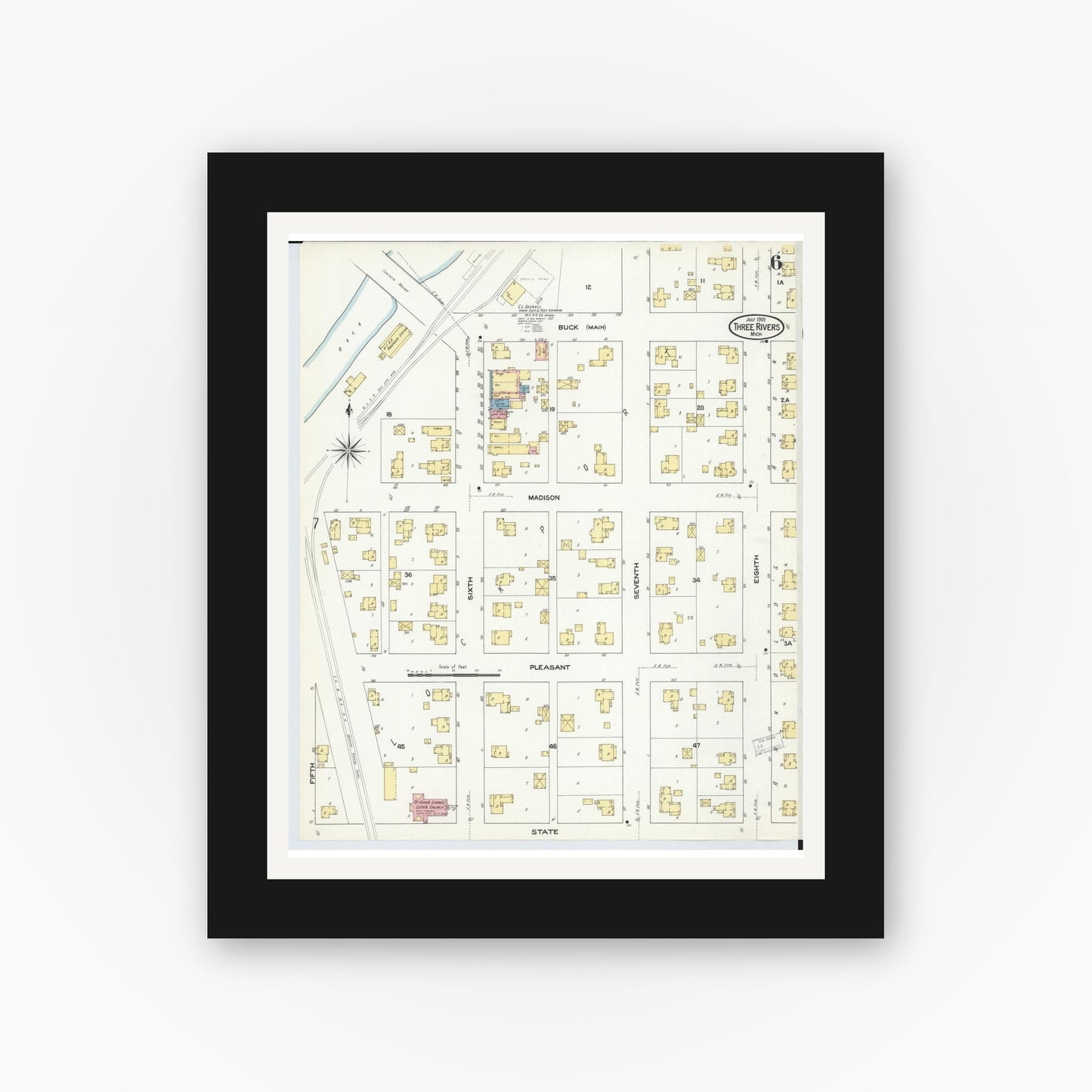 Old map wall art mockup — black gallery frame with white mat — Sanborn Fire Insurance Map from Three Rivers, Saint Joseph County, Michigan (1909), Sheet #0006