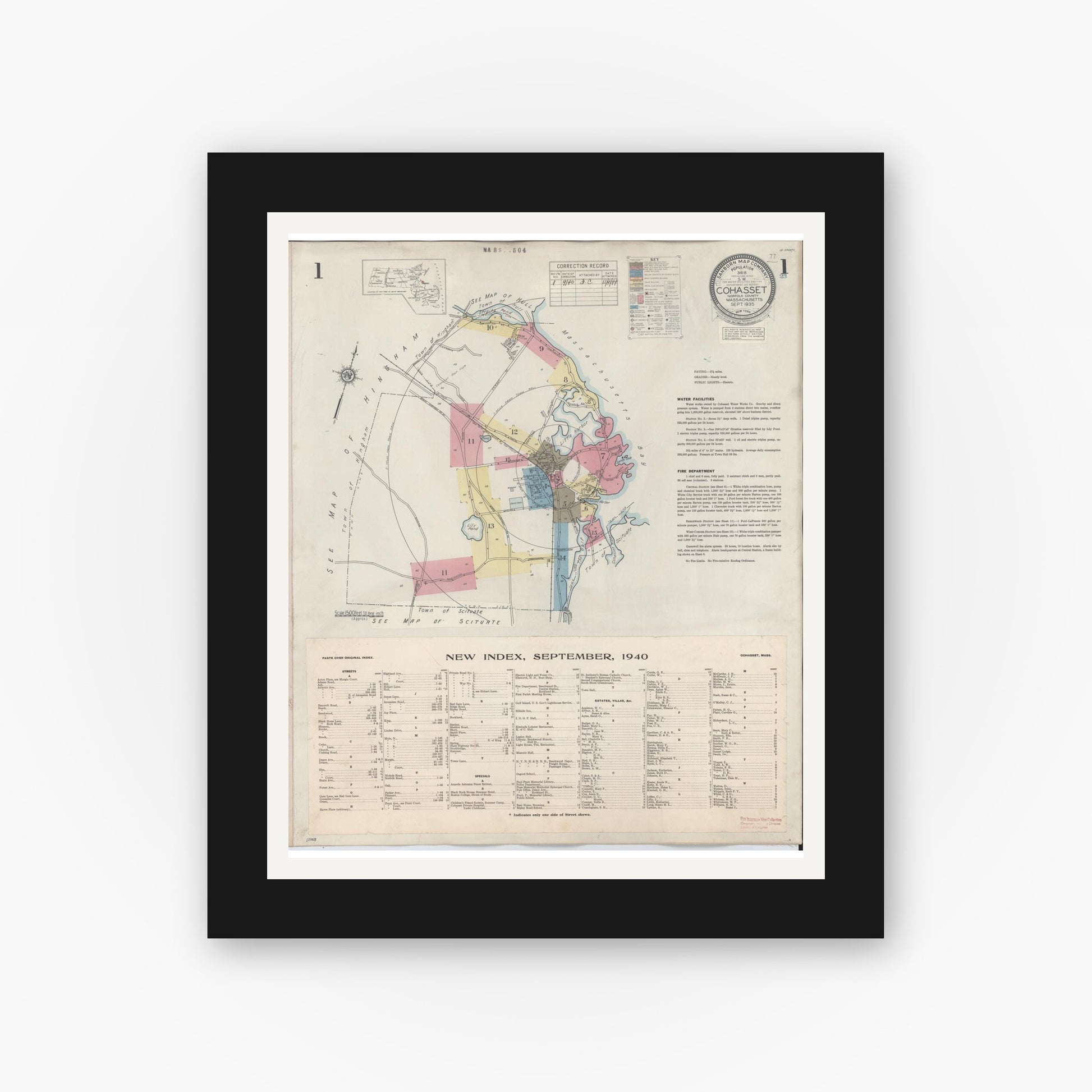 Old map wall art mockup — black gallery frame with white mat — Sanborn Fire Insurance Map from Cohasset, Norfolk County, Massachusetts (1940) - Complete Map Set