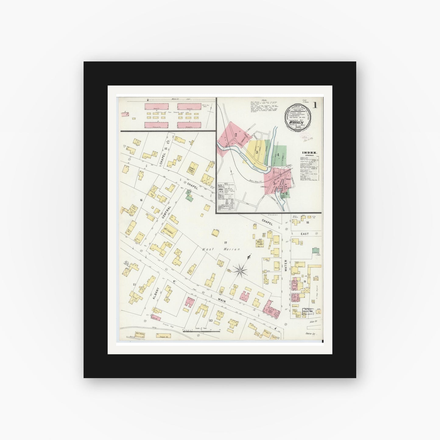 Old map wall art mockup — black gallery frame with white mat — Sanborn Fire Insurance Map from Warren, Worcester County, Massachusetts (1896) - Complete Map Set