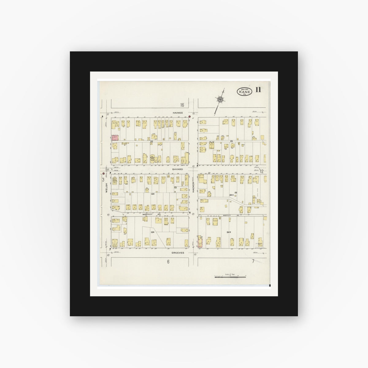 Old map wall art mockup — black gallery frame with white mat — Sanborn Fire Insurance Map from Kane, McKean County, Pennsylvania (1915), Sheet #0011