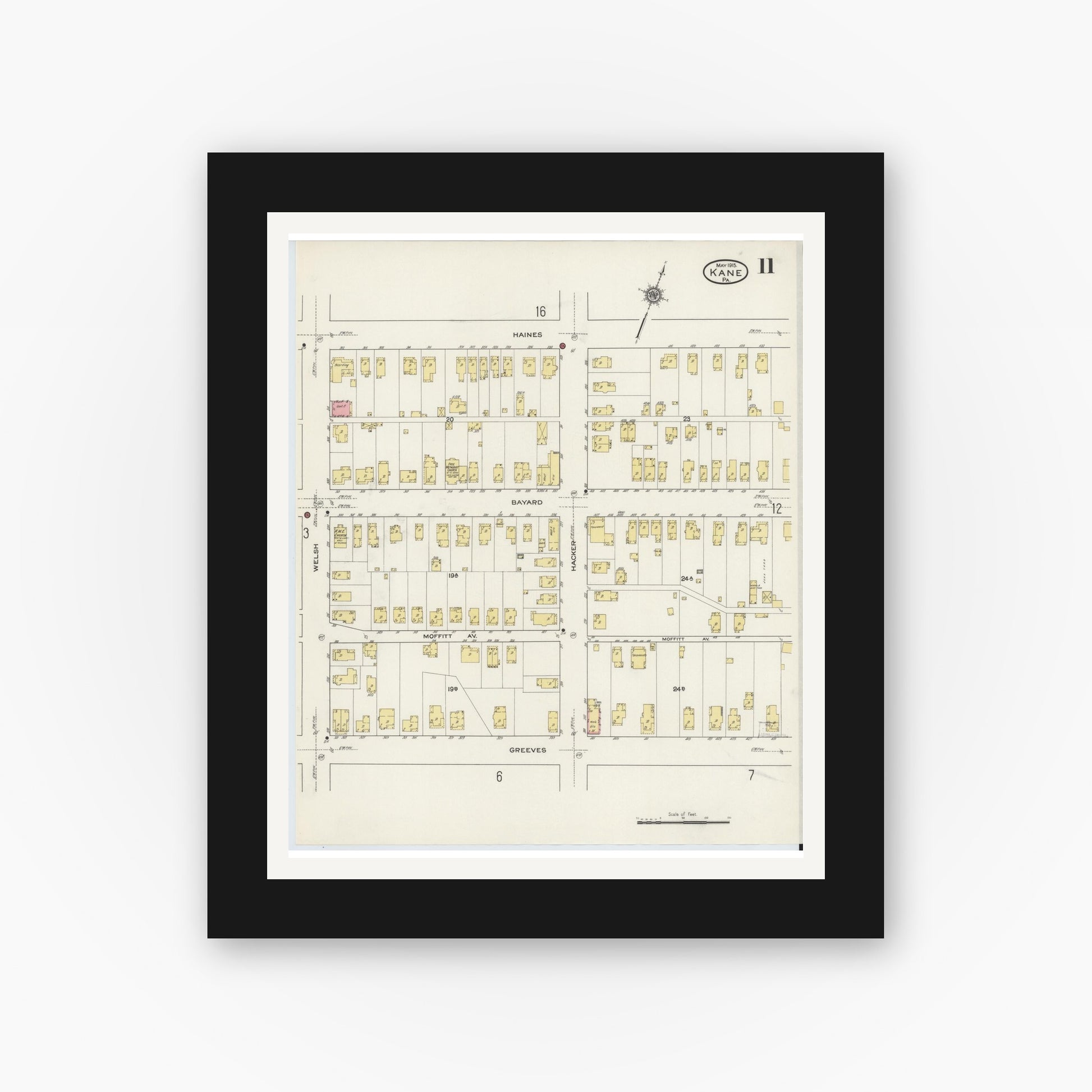 Old map wall art mockup — black gallery frame with white mat — Sanborn Fire Insurance Map from Kane, McKean County, Pennsylvania (1915), Sheet #0011
