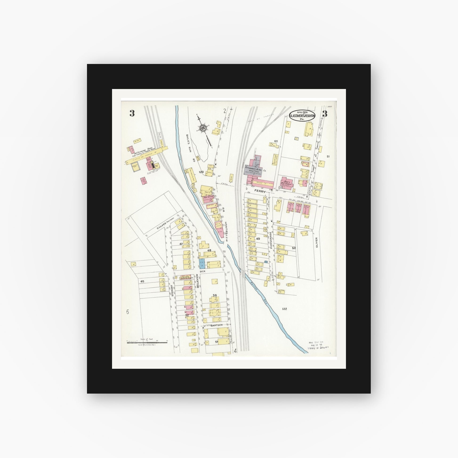 Old map wall art mockup — black gallery frame with white mat — Sanborn Fire Insurance Map from Glassmere, Allegheny County, Pennsylvania (1924), Sheet #0003