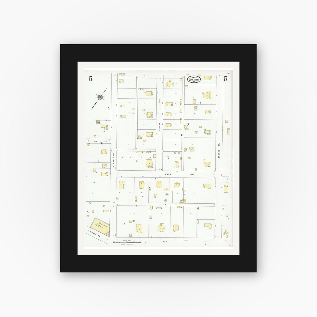 Old map wall art mockup — black gallery frame with white mat — Sanborn Fire Insurance Map from Dayton, Liberty County, Texas (1927), Sheet #0005