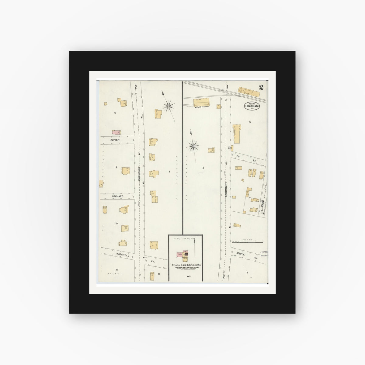 Old map wall art mockup — black gallery frame with white mat — Sanborn Fire Insurance Map from Chatham, Morris County, New Jersey (1901), Sheet #0002