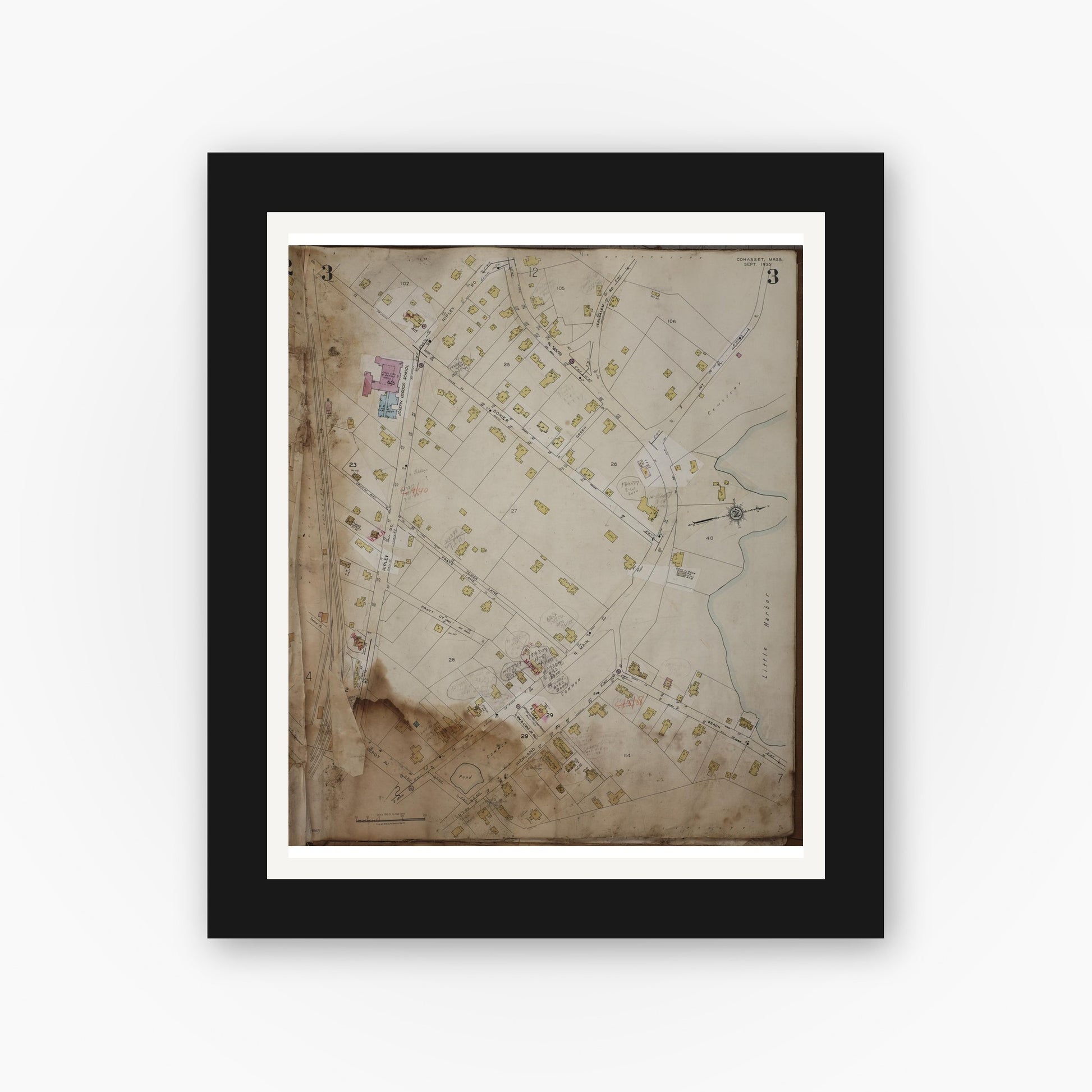 Old map wall art mockup — black gallery frame with white mat — Sanborn Fire Insurance Map from Cohasset, Norfolk County, Massachusetts (1963), Sheet #0003