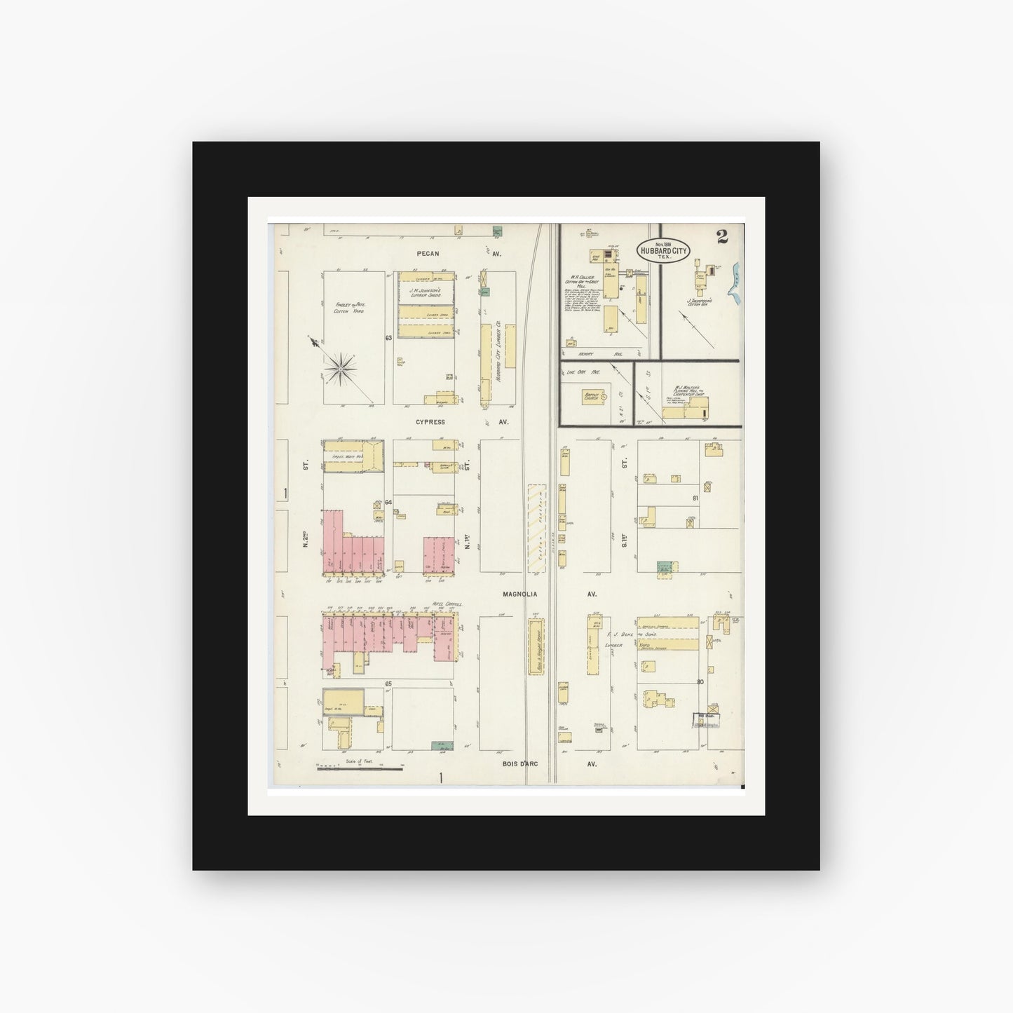 Old map wall art mockup — black gallery frame with white mat — Sanborn Fire Insurance Map from Hubbard, Hill County, Texas (1898), Sheet #0002