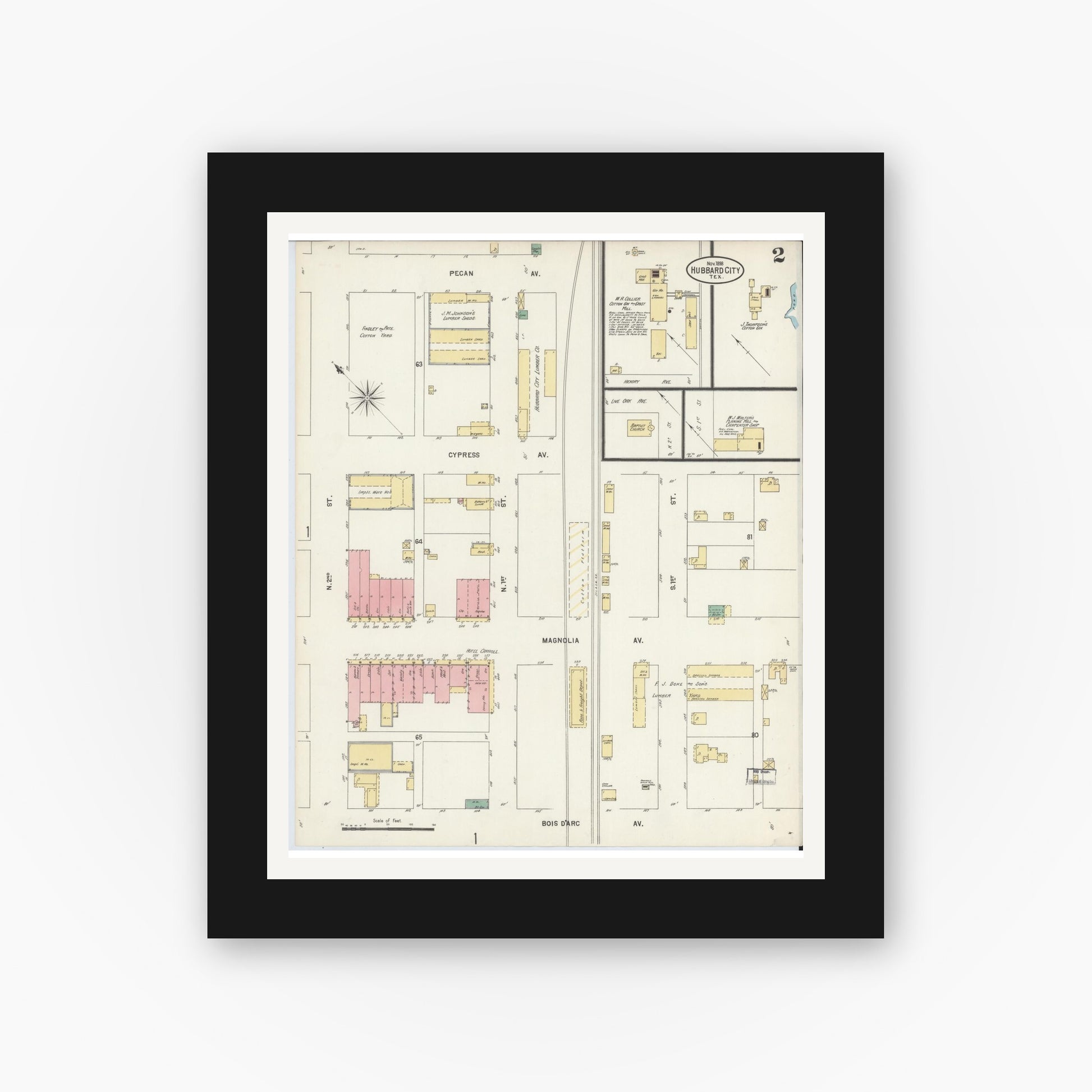 Old map wall art mockup — black gallery frame with white mat — Sanborn Fire Insurance Map from Hubbard, Hill County, Texas (1898), Sheet #0002