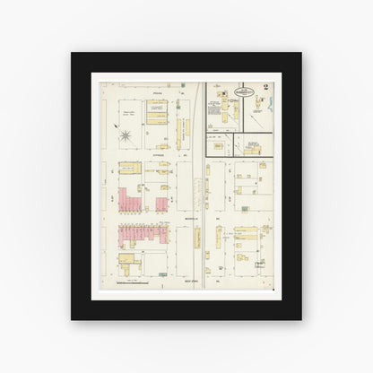 Old map wall art mockup — black gallery frame with white mat — Sanborn Fire Insurance Map from Hubbard, Hill County, Texas (1898), Sheet #0002
