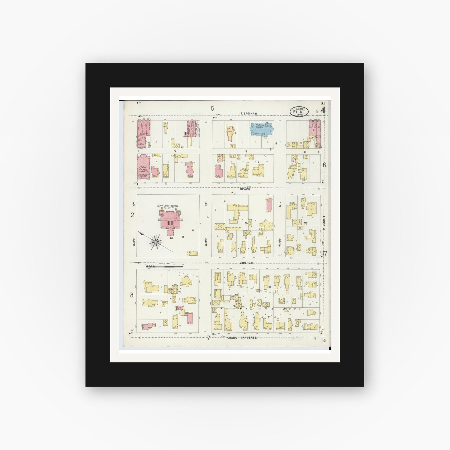 Old map wall art mockup — black gallery frame with white mat — Sanborn Fire Insurance Map from Flint, Genesee County, Michigan (1898), Sheet #0004