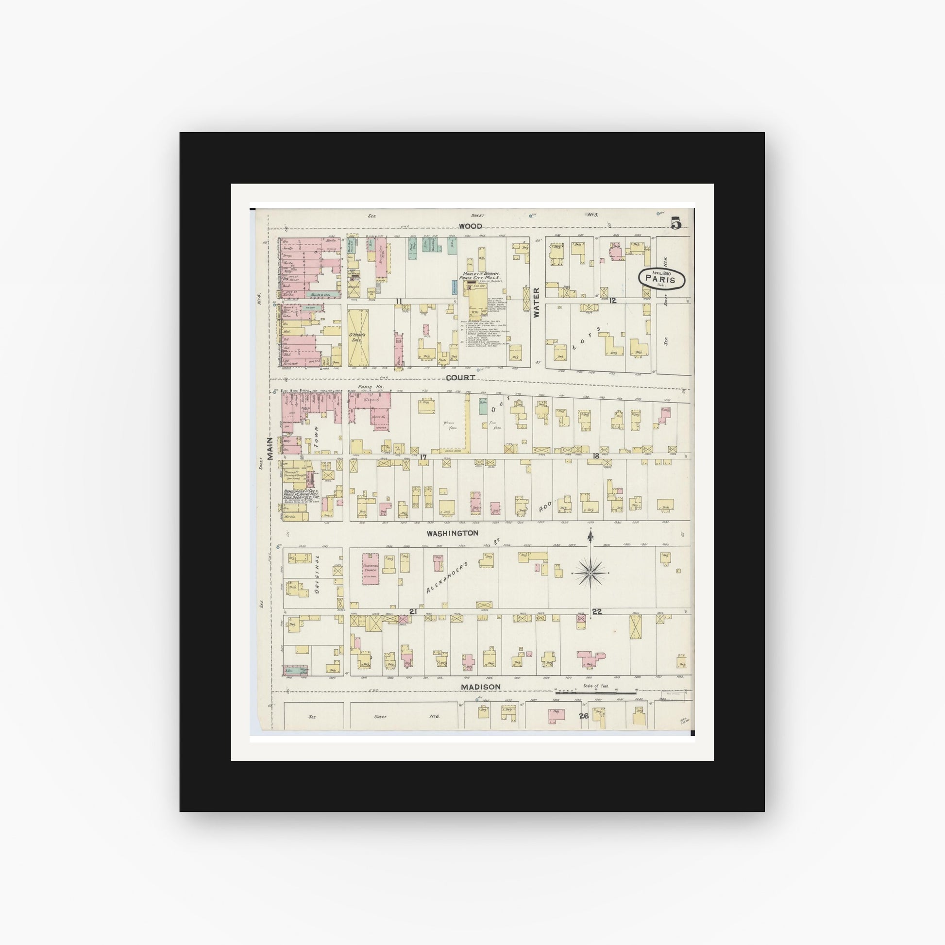 Old map wall art mockup — black gallery frame with white mat — Sanborn Fire Insurance Map from Paris, Edgar County, Illinois (1890), Sheet #0005