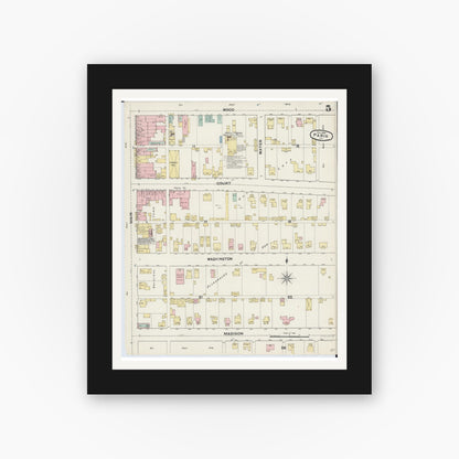 Old map wall art mockup — black gallery frame with white mat — Sanborn Fire Insurance Map from Paris, Edgar County, Illinois (1890), Sheet #0005