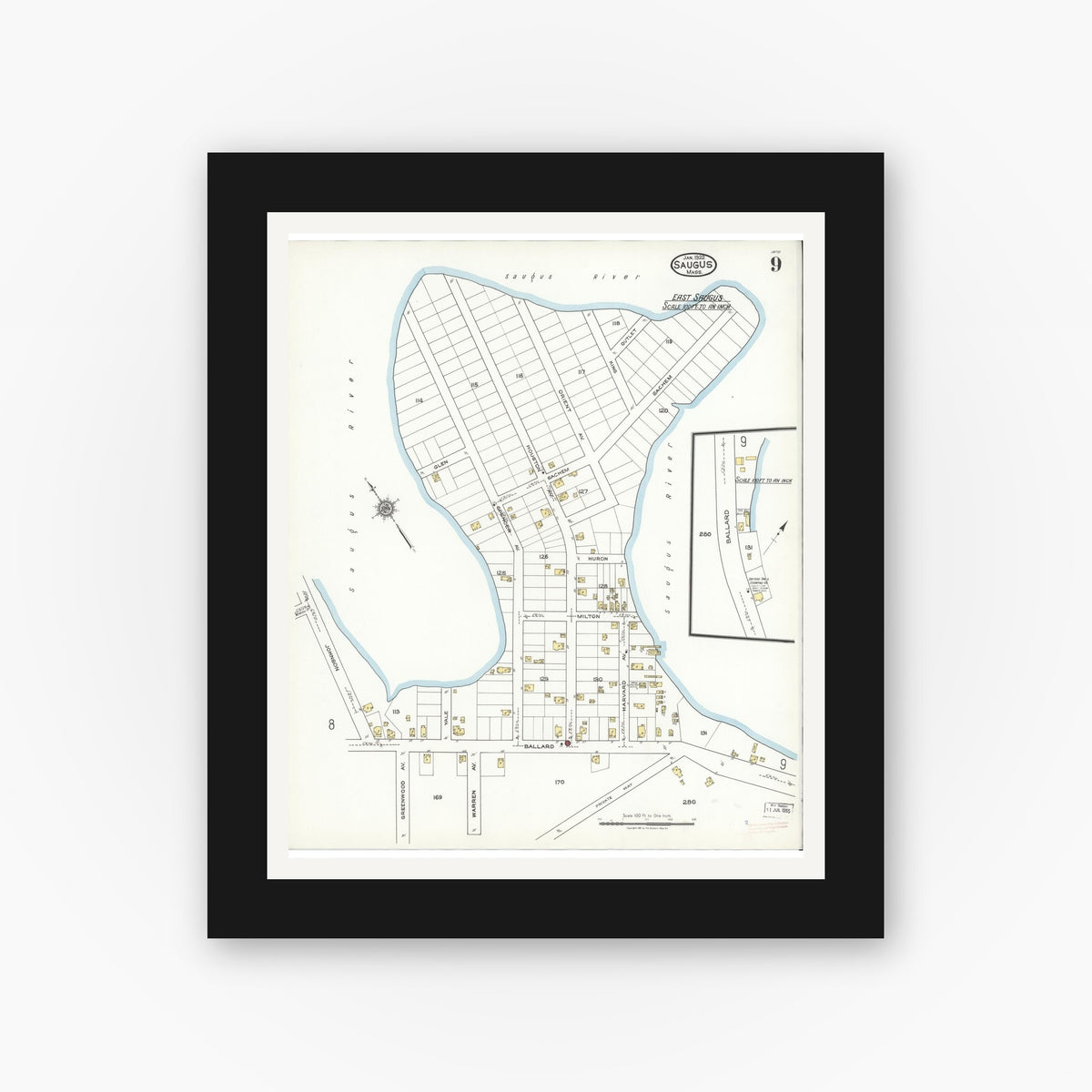 Old map wall art mockup — black gallery frame with white mat — Sanborn Fire Insurance Map from Saugus, Essex County, Massachusetts (1922), Sheet #0009