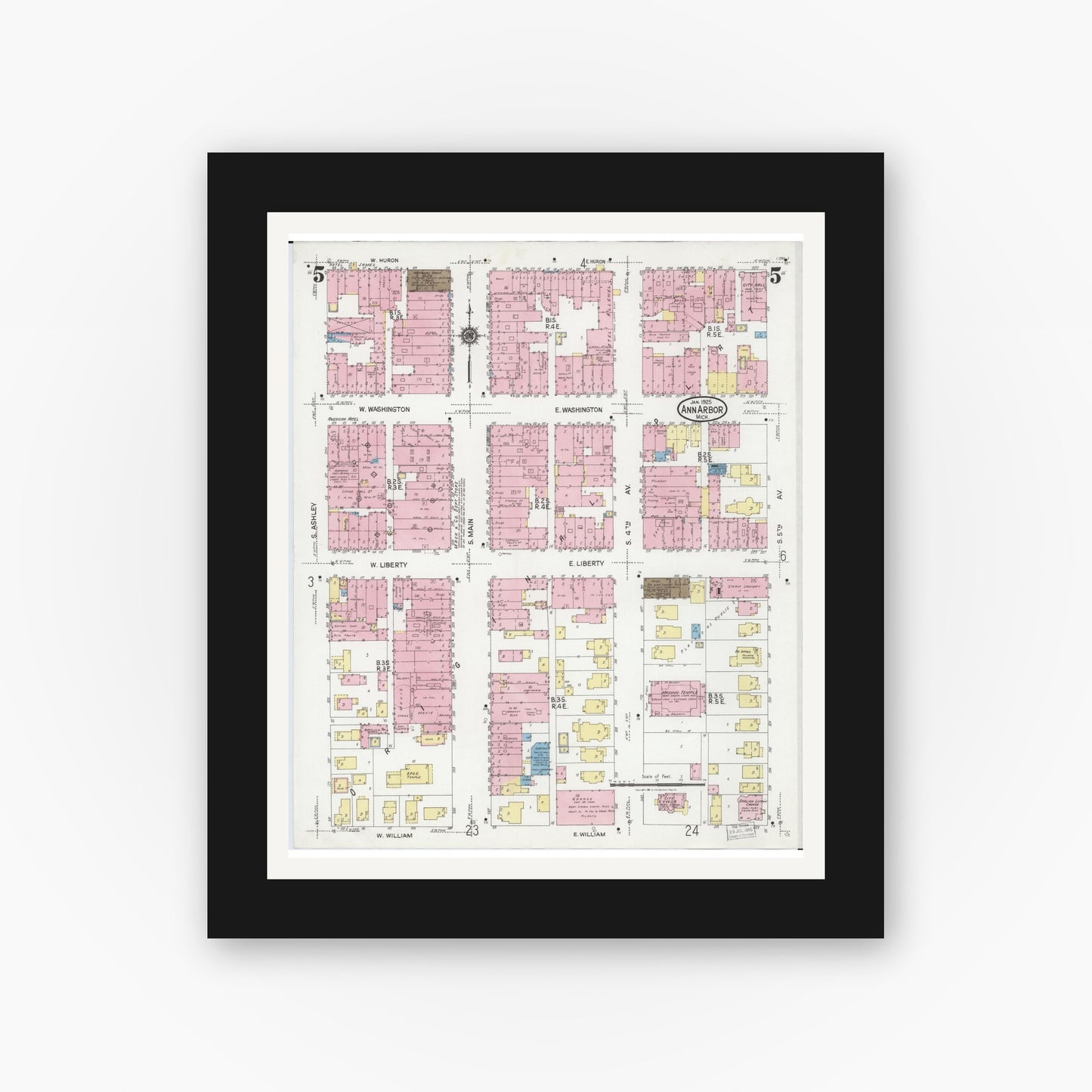 Old map wall art mockup — black gallery frame with white mat — Sanborn Fire Insurance Map from Ann Arbor, Washtenaw County, Michigan (1925), Sheet #0005