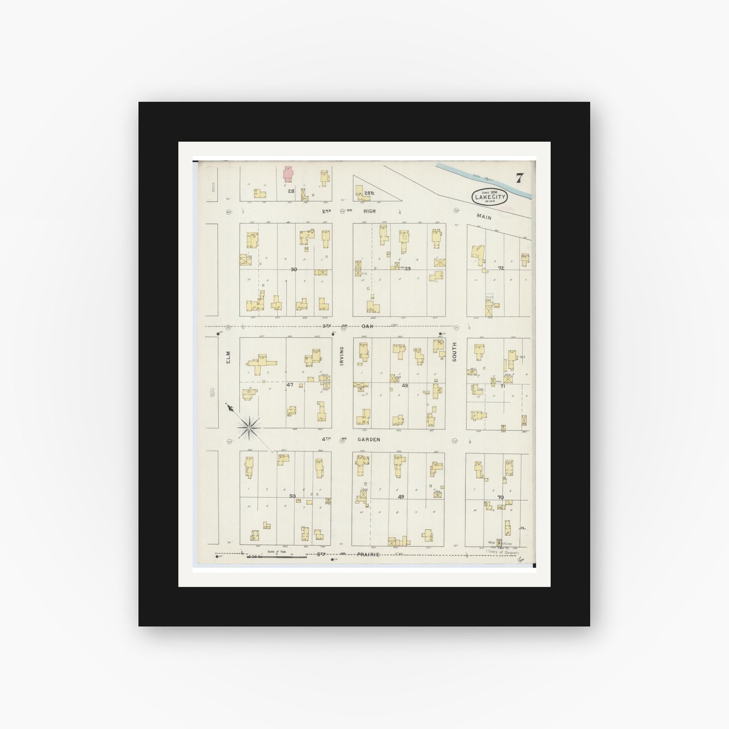 Old map wall art mockup — black gallery frame with white mat — Sanborn Fire Insurance Map from Lake City, Wabasha County, Minnesota (1894), Sheet #0007