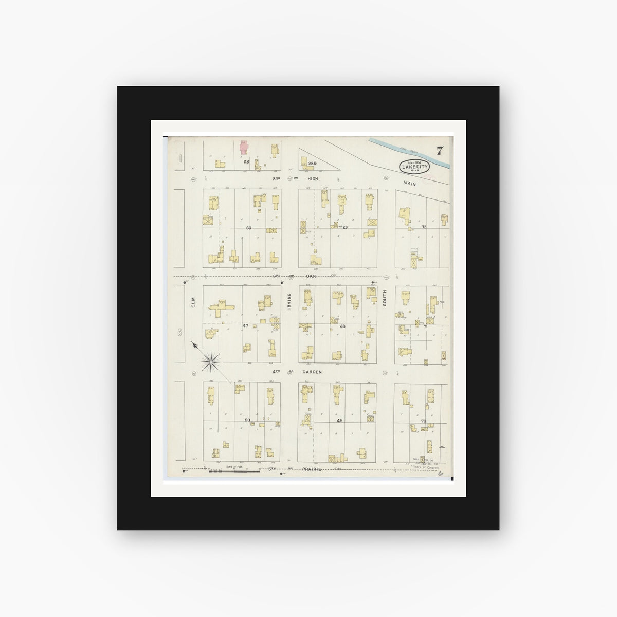 Old map wall art mockup — black gallery frame with white mat — Sanborn Fire Insurance Map from Lake City, Wabasha County, Minnesota (1894), Sheet #0007