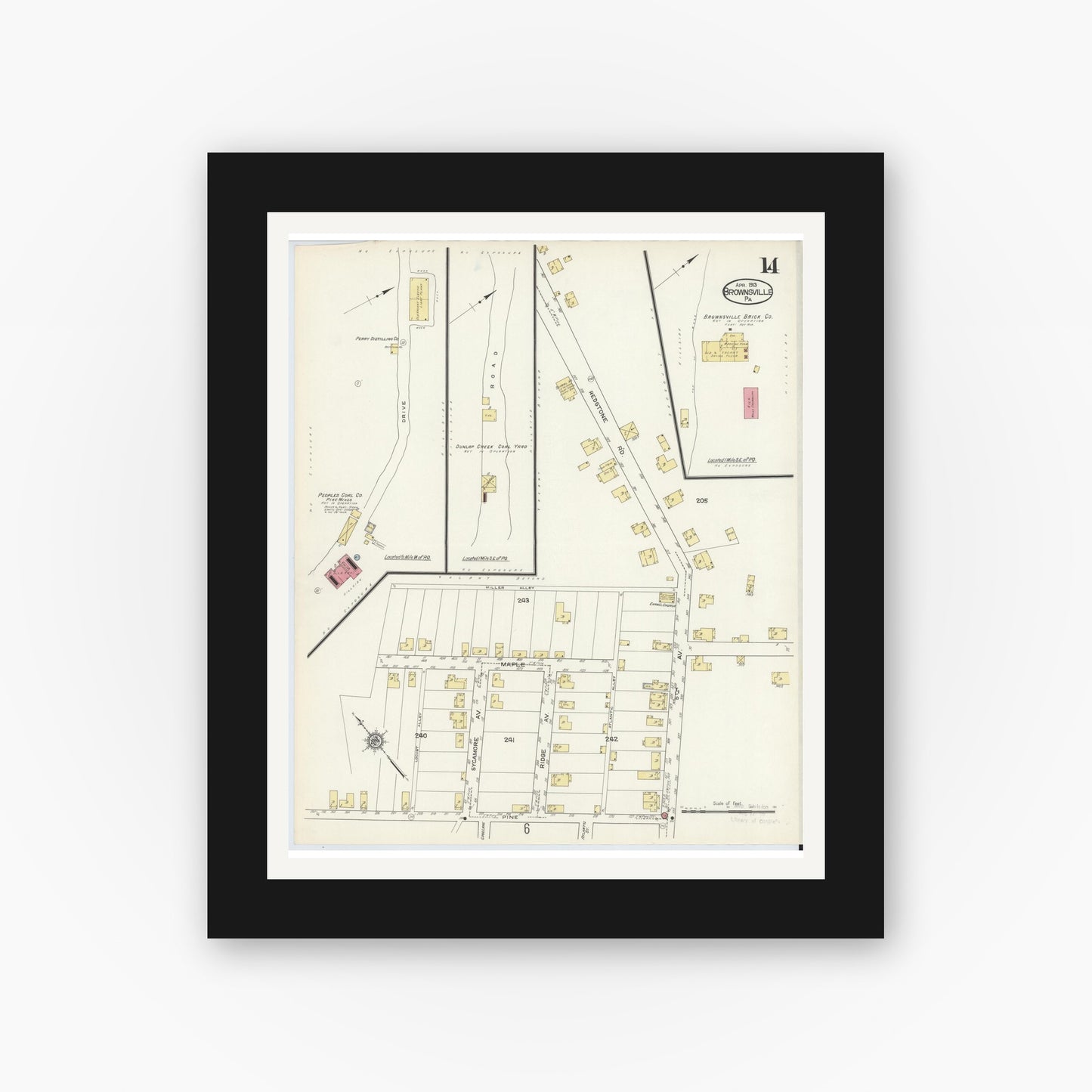 Old map wall art mockup — black gallery frame with white mat — Sanborn Fire Insurance Map from Brownsville, Fayette County, Pennsylvania (1913), Sheet #0014