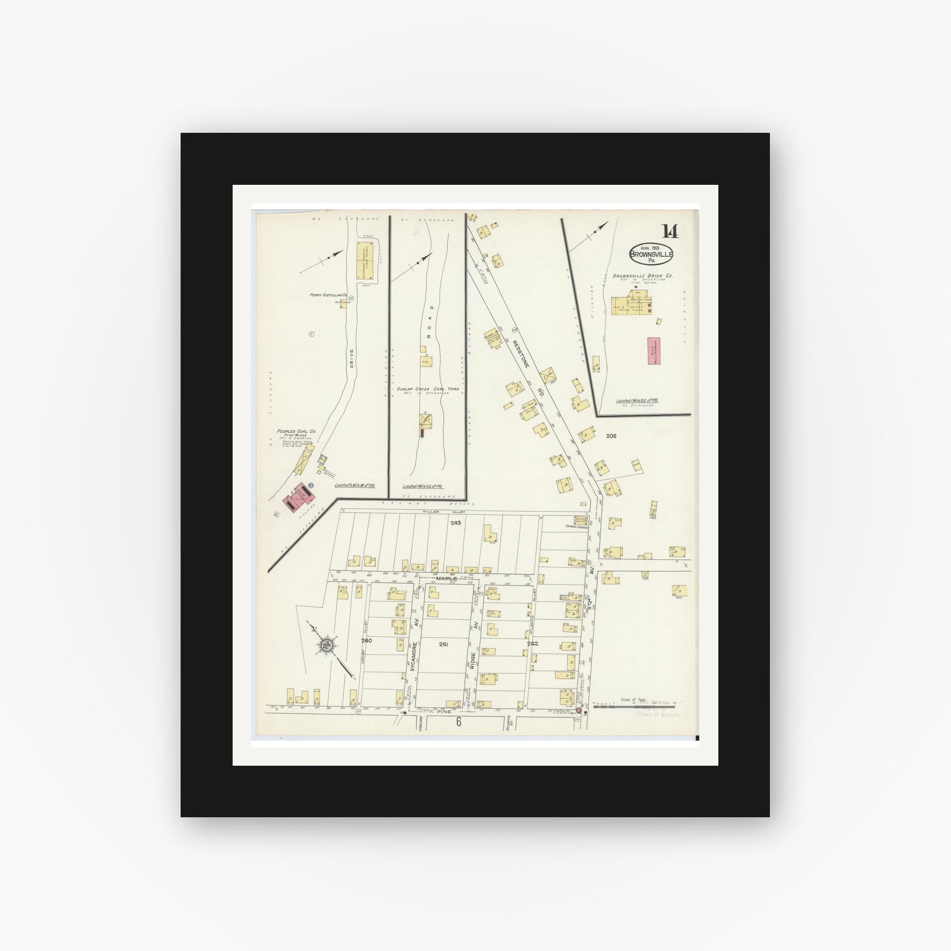 Old map wall art mockup — black gallery frame with white mat — Sanborn Fire Insurance Map from Brownsville, Fayette County, Pennsylvania (1913), Sheet #0014